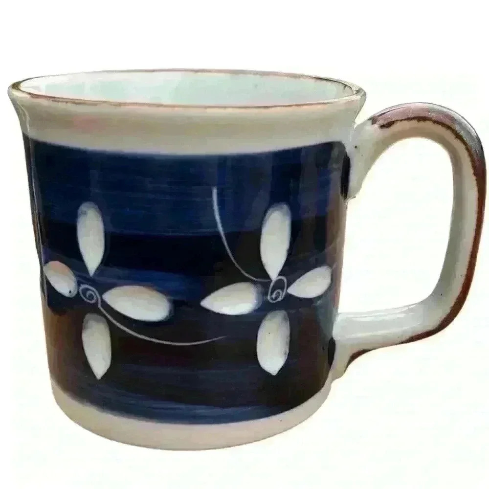 Set of 3 vintage carved cobalt blue stoneware mugs with floral motif - Picture 11 of 15